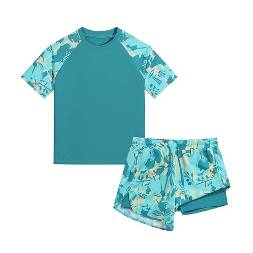 Boys' Rash Guard Set Two Piece Swimsuits Kids Short Sleeve Swimwear Swim Trunks with Compression Liner(5-16T)