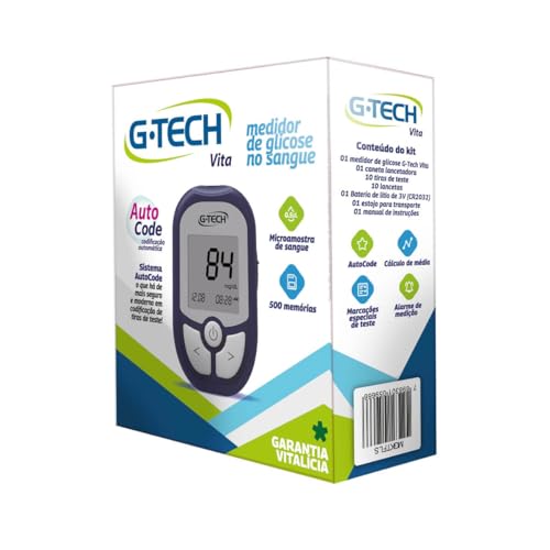 Kit Medidor de Glicose G-Tech Vita Com 60 Tiras + 110 Lancetas E Caneta Lancetadora - Glicosímetro G