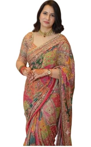 Image of Designer Chinon Silk Printed Mirror Work Saree with Unstitched Blouse Piece for Women Festive TraditionalWear Party Ethnic Saree (Rust Orange)