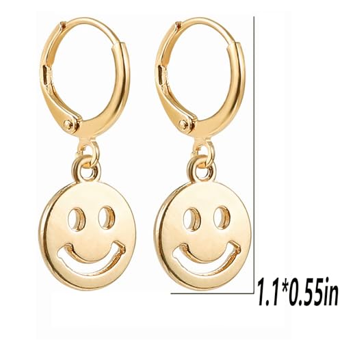 Image of Smiley Face Earrings Huggie Hoop Y2K Preppy Happy Lightning Bolt Heart Star Small Dangle Colorful Gold White Red Pink Yellow Blue Jewelry