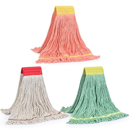 Image of Matthew Cleaning 3Pcs 5'' Headband White&Orange&Green Medium Commercial String Mop Heads, Loop-End Mop Head Replacement, Heavy Duty Industrial Washable&Reusable Mop Refills for Residential& Warehouse