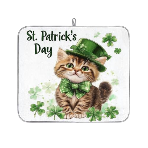 Axurera St.atricks Day Leprechaun Hat Cat Lucky Leaves - Tapete de secado de platos para encimera de cocina, tapete escurridor de platos absorbente, lavable, almohadilla de secado de platos para
