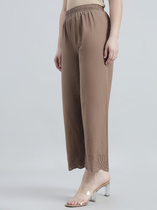 Image of GO COLORS Women's Cotton Hakoba Palazzo | Ankle Length, Schiffli Embroidery, Relaxed Fit, Mid-Rise with Side Pocket