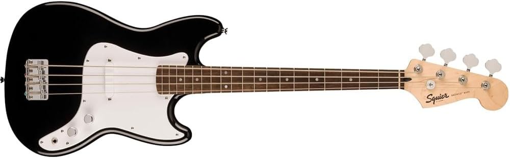 Fender 0373800506 Sonic Bronco Bass Laurel Fingerboard White Pickguard Black Bundle with Fender Logo Guitar Strap Black, 12-Pack Celluloid Picks, and Straight/Angle Instrument Cable