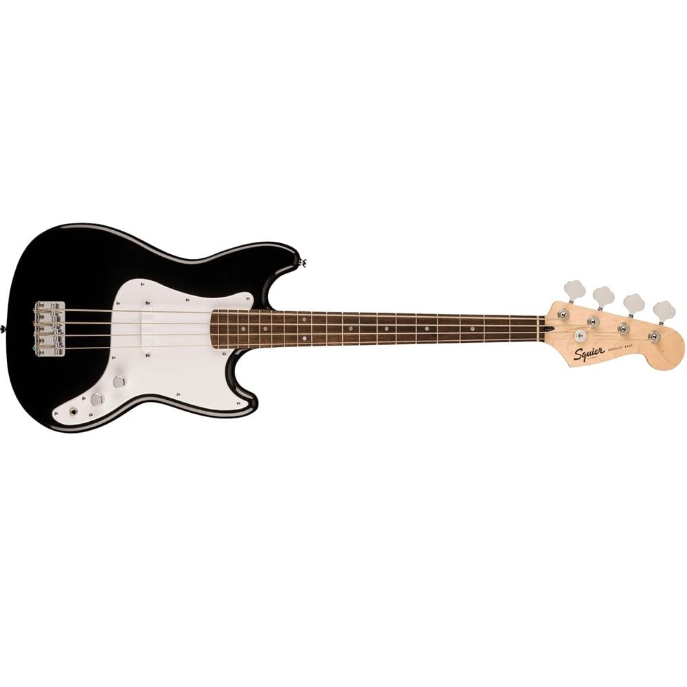 Fender 0373800506 Sonic Bronco Bass Laurel Fingerboard White Pickguard Black Bundle with Fender Logo Guitar Strap Black, 12-Pack Celluloid Picks, and Straight/Angle Instrument Cable