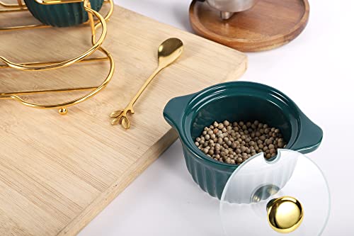 Condiment Pots Container Seasoning Box Set Of 4 Porcelain Mosquito Jar Spices Container With Cover Glass Holders Stainless Steel Spoon And Tray For Your Home Kitchen Counter (White) #TOP5