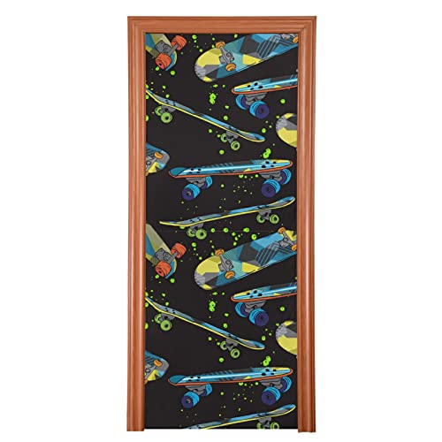 Poeticcity Colorful Yellow Blue Skateboards Green Spots Paint on Black Door Cover, Washable Fabric Durable Door Decoration Silk Microfiber for Front Door Porch Home Indoor Outdoor Party 32x79 inches