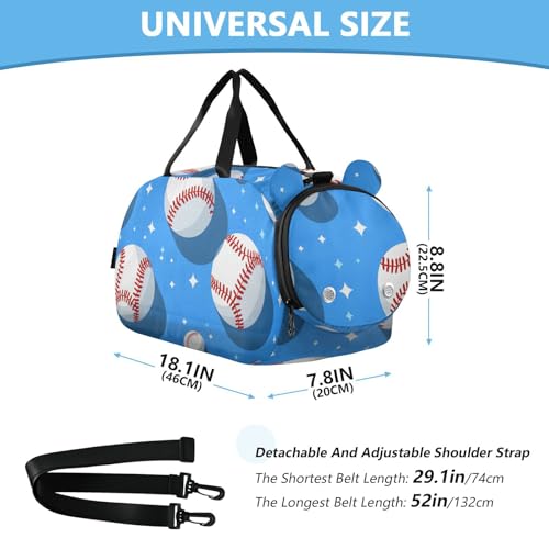 Gym Travel Duffle Bag for Boys Girls White Baseball Blue Pattern Sports Dance Bag with Shoe Compartment & Wet Pocket Football Kids Travel Bag Teens Sleepover Carry3