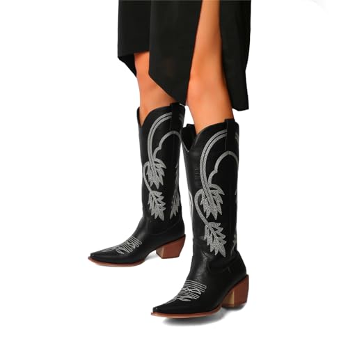 Cowboy Boots For Women Black Cowgirl Boot Wide Calf Knee High Western Booties High Heel Comfy Embroidery Bootie2