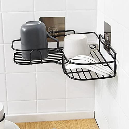 Image of Stainless Steel Self-Adhesive Metal Storage Organizer Bathroom Corner Rack Shelves (Black)