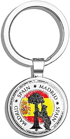 Madrid City Spain Flag Grunge Travel Stamp Round Stainless Steel Metal Key Chain Keychain Ring Double Sided Deisgn