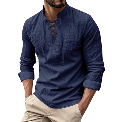 Camiseta de manga larga para hombre, cuello alto falso, cordón de algodón, lino, camisetas para hombre, súper suaves, con cordones, para primavera y verano, ajuste relajado, fácil cuidado, camisas