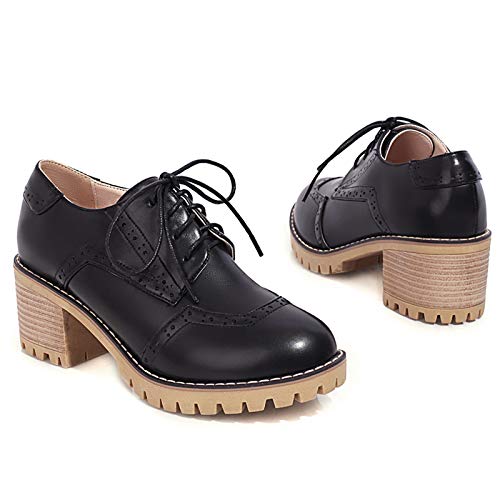 SaraIris Sapato feminino confortável salto grosso, cadarço, brogues Oxfords, 1 Black, 5