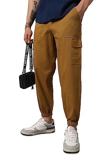 Image of Hubberholme Men's Regular Fit Cotton Trousers, Ankle Length Button Closure Elasticated Waist Cargo Joggers