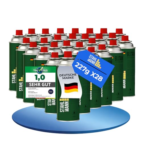 STAHLMANN® Gaskartuschen 227g [Made in EU] – Butangas Kartusche mit MSF-1a Ventil für Campingkocher, Grill, Gaskocher, Gasheizung,Unkrautbrenner – Gaskartuschen (28x 227g)