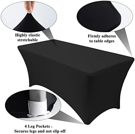 PLULON 6FT Stretchable Table Cover Black Rectangular Fitted Tablecloth Washable Elastic Spandex Patio Tablecloth for Wedding Birthday Banquet Party Table Decorations