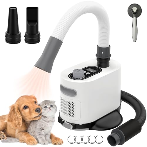 Rebongki Hundefön Blower Hund Profi Hundeföhn mit Einstellbarer Windgeschwindigkeit Handheld Hundefön Trockenmaschine Trockner für Haustiere Haustiertrockner 2 Schläuche 3 Temperatureinstellungen