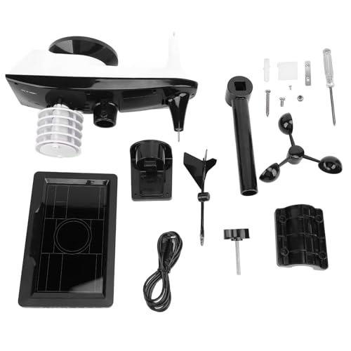 Weather Forecast Clock with Rain Gauge Wind Speed Direction Atomic Clock LCD Color Display Weather Temperature Humidity Clock for Indoor Outdoor