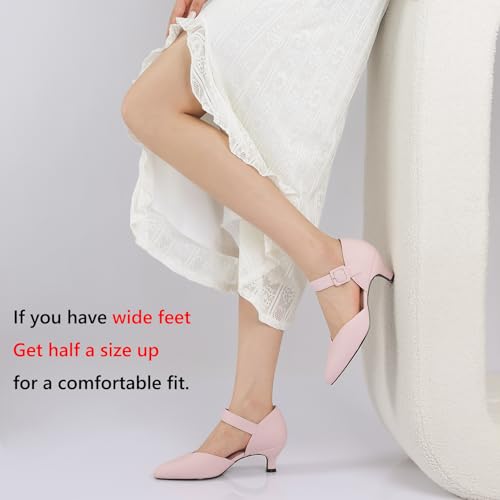 Image of RIBONGZ Comfortable Kitten Heels for Women Pointed Closed Toe Ankle Strap Buckle Heels Slip on Low Heel Church Pumps Wedding Bridal Party Dressy Shoes