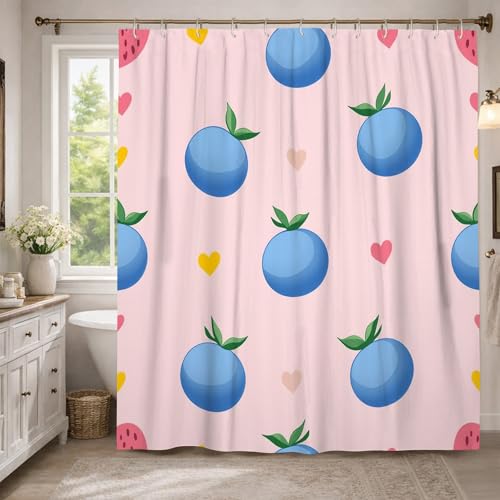 Blueberry Rideau de douche extra long moderne et ludique avec crochets Motif cœur et feuilles de pêche Décoration pour salle de bain et chambre d'amis 183 x...