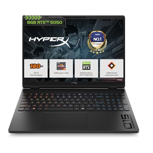 HP HyperX OMEN 15, AMD Ryzen 7 260, 8GB-RTX 5050, 24GB DDR5 (Upgradeable), 1TB SSD, 180Hz, 2.5K, 500 nits, 3ms resp time, 15.3''/38.9cm, Win11, Office24, Black, 2.42kg, gb0038AX, RGB, AI Gaming Laptop
