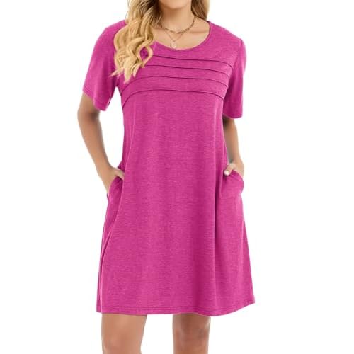 elescat Sundress for Women Casual Loose Summer Short Sleeve Pleated Front Crew Neck T Shirt Dress with Pockets 2026 Small Rose