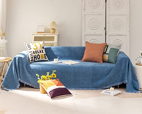 Mxaeyr Couch Covers For Sectional Sofa L Shape, Sofa Covers For 1-2 Cushion Couch, Denim Blue Chenille Couch Cover Blanket Thick And Durable, Sectional Sofa Cover With Boho Fringe (M 71"X91") #TOP2