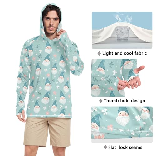 Wudan Cute Gnomes Teal Mens Sun Protection Hoodies Long Sleeve Beach Hoodie Fishing Shirt UPF 50+ S4