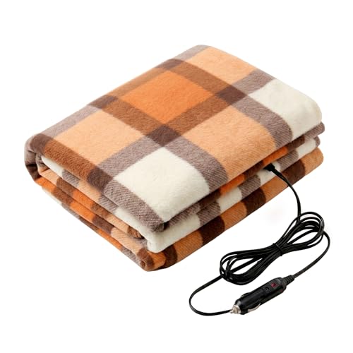 Heated Car Blanket - 12V Electric Travel Blanket for Car, Truck, SUV or RV - Portable Heated Throw for Road Trips, Camping or Winter Emergency Kit for Cold Weather Travel by Stalwart (Orange Plaid)