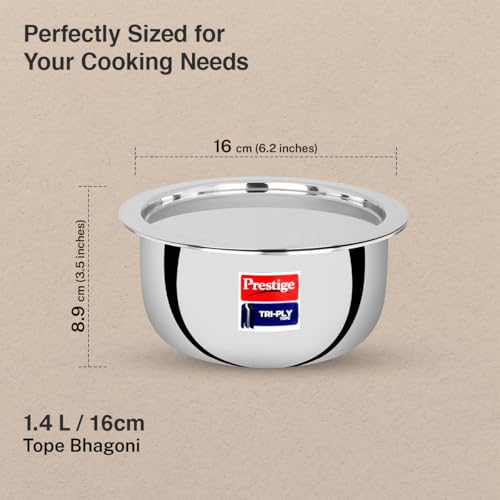 Image of Prestige 16cm /1.4L Tri-Ply Stainless Steel Tope with Lid|Gas and Induction Compatible| Even Heat Distribution|Strong and Durable| 5 Years Warranty