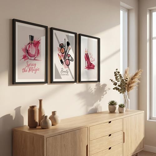 Image of NoWorries inchPink Fashion Wall Art Framed Painting Set of 3 | Perfume Bottle, Makeup Essentials & High Heel Illustration Posters with Frame | Glam Beauty Decor Frames for Bedroom, Vanity, Salon, Girls Room | Modern Chic Framed Wall Art (Art-18, 10x13inch, Wooden)