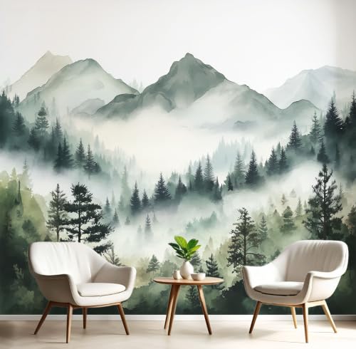 Papier Peint Soie Paysage De Forêt Orientale, Papier Peint Panoramique Montagnes Brumeuses À L'Aquarelle Vert Pour Salon Chambre, Xxl Moderne Déco Murale Maison, Décoration Photo Murale 300 X 210 Cm