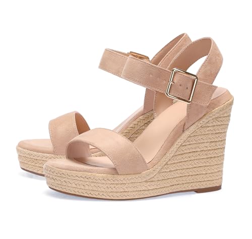 Image of Wedges for Women, Espadrille Platform Sandals, Comfortable Open Toe Wedge Heels with Ankle Strap Buckle, Summer Vacation Casual Shoes