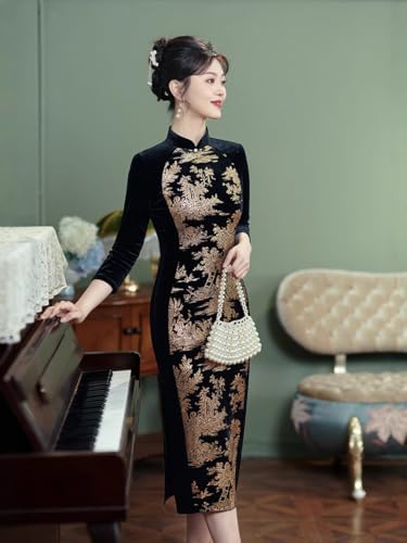 HEARTTOUCH Elegant Women's Velvet Cheongsam Vintage Chinese Qipao Cocktail Party Bodycon Dresses Long Summer Qipao2
