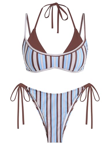 Image of ZAFUL Women's Polka Dot Bikini Set Double Layer Halter Swimsuit Colorblock Side Tie 2 Piece Bathing Suit