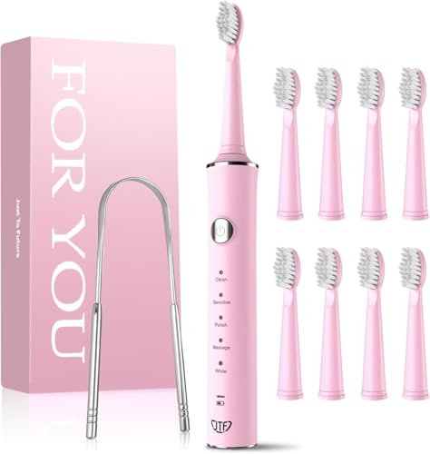 JTF Cepillo de Dientes Eléctrico Sónico con Limpiador Lengua, 8 Cabezales, 5 Modos y Memoria Inteligente, Temporizador 2 Minutos, IPX7 Resistente al Agua, Carga Cápida 3H,Adulto(Rosa)