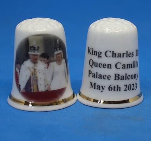White Birchcroft Porcelain China Collectible Thimble - King Charles & Camilla Coronation 2023 - Dome Box