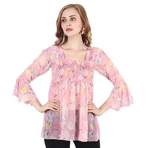 Image of POPWINGS Printed Chiffon Peplum Tops for Women || 3 /4th Sleeves Square Neck Women Tops for Summer || Stylish Western Smocking Women Tops