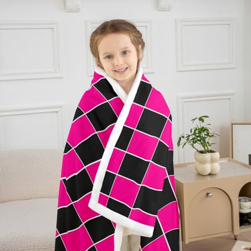Image of Erosebridal Initial Letter F Sherpa Blanket Pink and White Checkered Fuzzy Plush Throw Cute Monogram Plaid Fleece Blanket for Kids Girls Women,Kawaii Gingham Grids Decor for Bed Couch 40 inchx50 inch