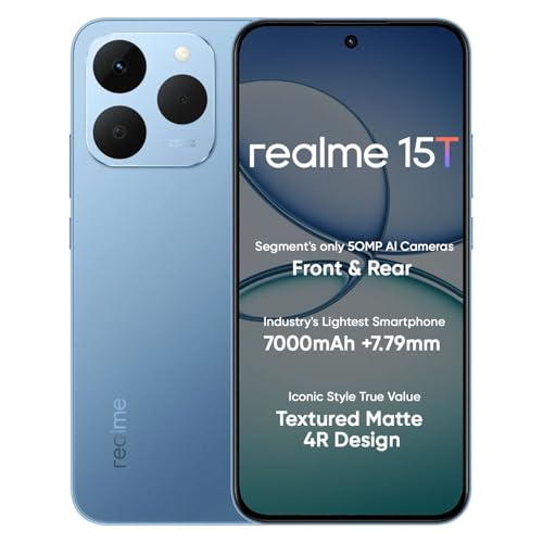 realme 15T 5G Smartphone 8GB+128GB Blue | 7000mAh Battery, 60W Fast Charge, 6.67inch Screen, 120Hz Display, Front & Rear Dual 50MP Cameras, Dimensity 