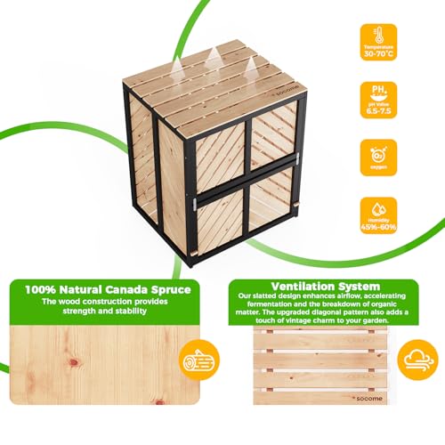 SOCOME 115 Gallon Solid Wood Composter, Outdoor Compost Bin with Pull-Out Door and Flip-Top Lid, Heavy Duty Composting Bin for Outside Backyard, Garden, Patio, Natural