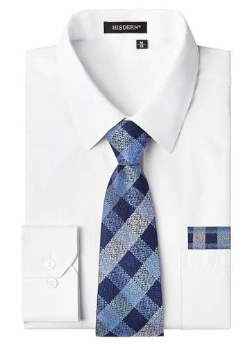 HISDERN Mens Dress Shirt with Tie Pocket Square Set Classic Button Down Shirt Matching Tie Long Sleeve Shirts