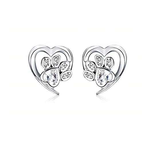 BLEKKI Ohrstecker Silber 925 Pfoten Mit Zirkonia - Echt Silber Ohrringe Für Damen und Mädchen - Katzenpfote Hundepfote - Ohrringe Silber 925 Stecker (weiß)