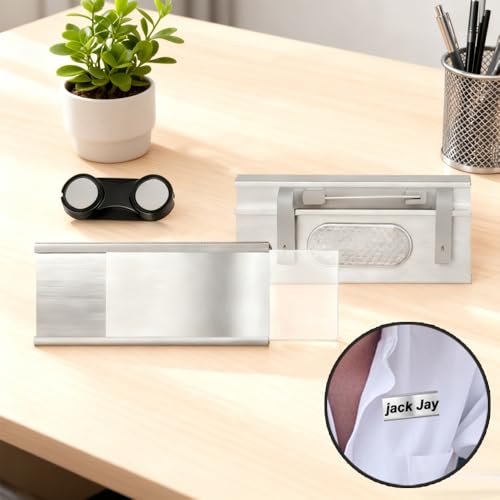 4 Stück Namensschilder für Kleidung Magnet,Aluminium Namensschilder mit Starkem Doppelmagnet,Professionell Magnet Namensschild mit Papierschlitz,72x 30 mm(Silber)