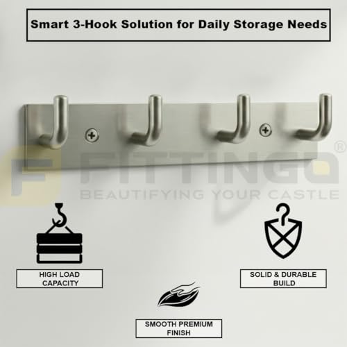 Image of Stainless Steel 4 Hook Cloth Hanger for Door /Dress Hanger Wall Mount /Bathroom Hooks for Hanging Clothes (Silver Matt) Pack of 4-| 3 Years Warranty |