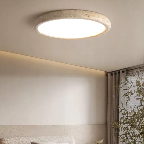 TAOEZXK Lámpara de Techo LED Dimmable 38W Estilo Wabi-Sabi, Pantalla Redonda de Travertino Amarillo Natural, Piedra Natural con Mando a Distancia para Salón y Dormitorio Comedor, Cocina y Pasillo