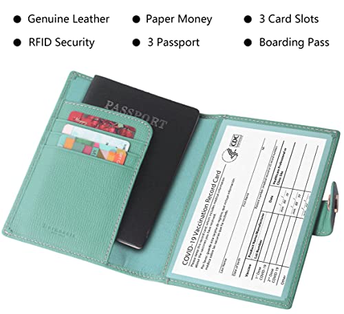 Genuine Leather Passport Holder Cover Case Rfid Blocking Travel Wallet Id Card Case (Cross Light Green) #TOP1