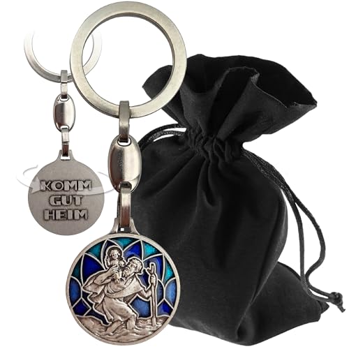 Lunexus Christophorus Portachiavi - benedetto con certificato - con sacchetto di velluto - portafortuna per automobilisti e viaggiatori - portachiavi per auto cristiano talismano regalo, Blu, Ø 3 cm