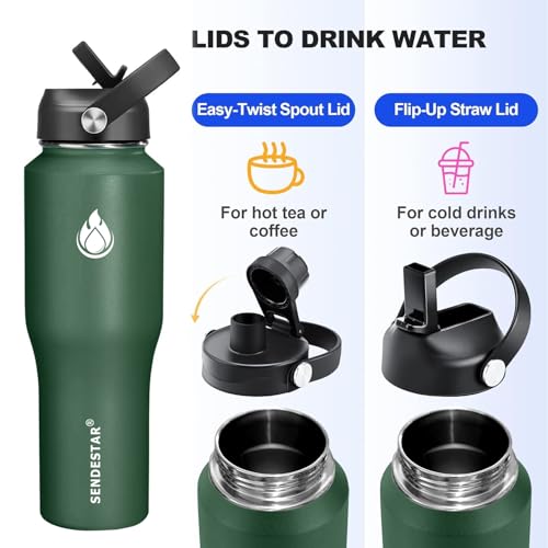Image of SENDESTAR Water Bottle,Wide Mouth Stainless Steel Vacuum Insulated Double Wall Keep Liquids Cold or Hot All Day,Sweat Proof Sport Design,Fit Car Cup Holder,Dark Green,32 Ounces