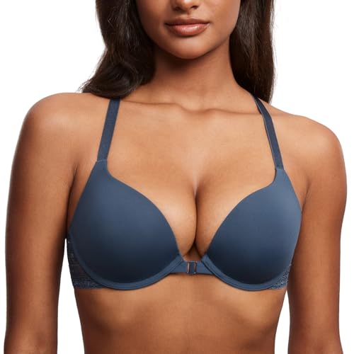 Image of DOBREVA Women's Push Up Bra Front Closure Racerback | Lace Back, Padded, Plunge, Tshirt, Cleavage, Sexy, Date, Soft, Everyday, Supportive